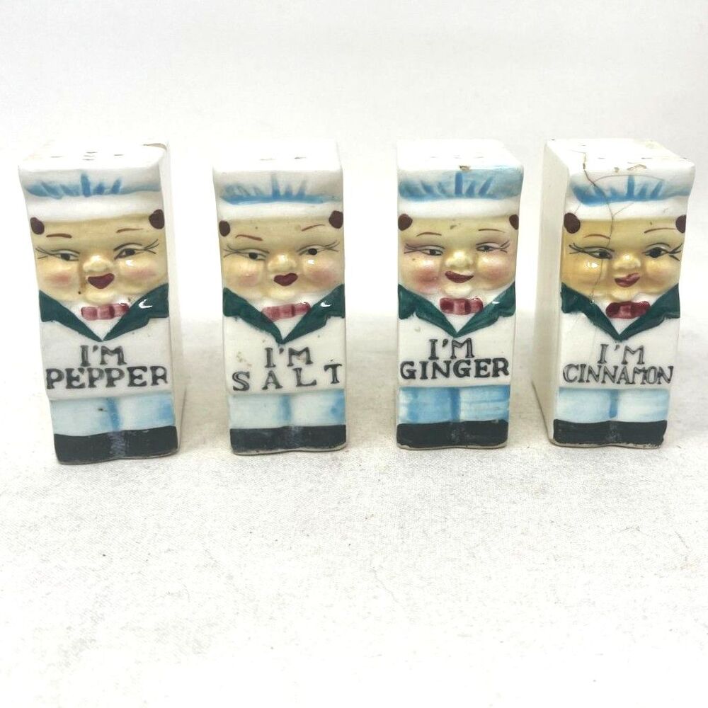 Vintage Anthropomorphic Happy Chef Spice Shakers, Salt & Pepper Set of 4 *READ